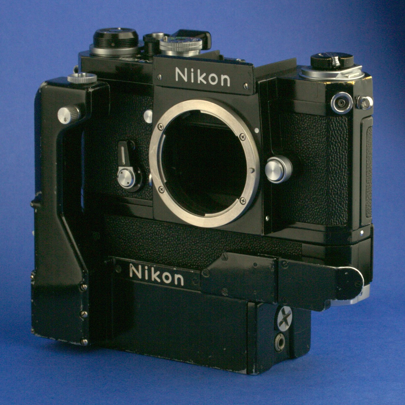 Black Nikon F Apollo Film Camera Body with F-36 Motor Drive and Battery Pack