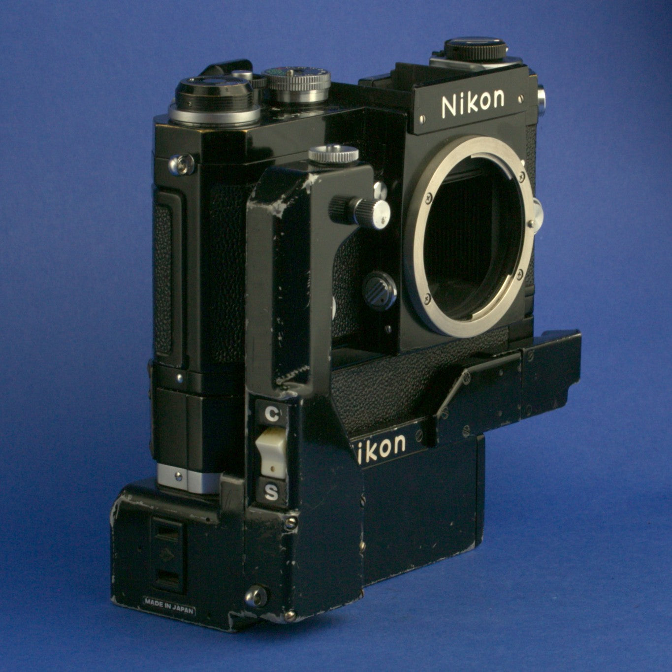 Black Nikon F Apollo Film Camera Body with F-36 Motor Drive and Battery Pack