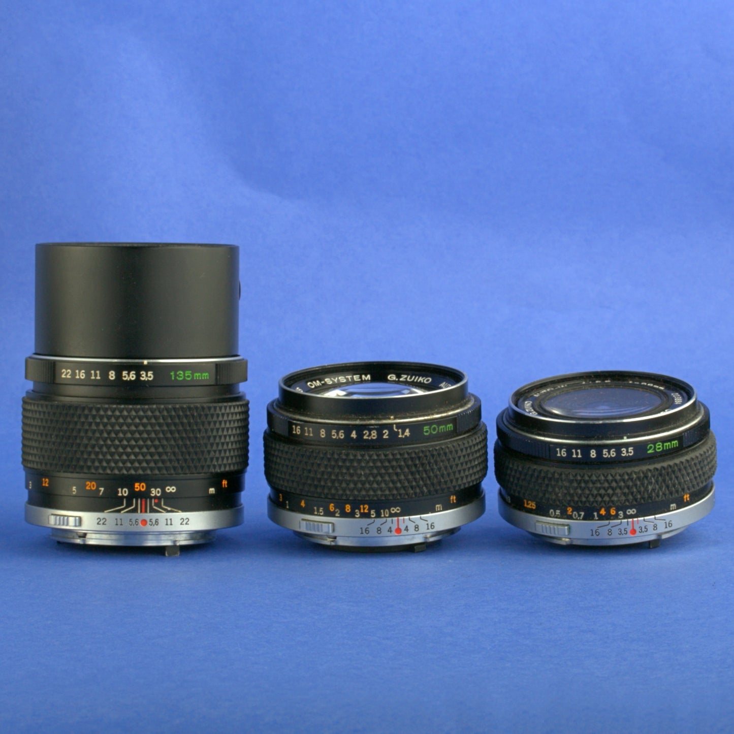 Olympus OM Lens Set 50mm 1.4 28mm 3.5  135mm 3.5 Poor Condition